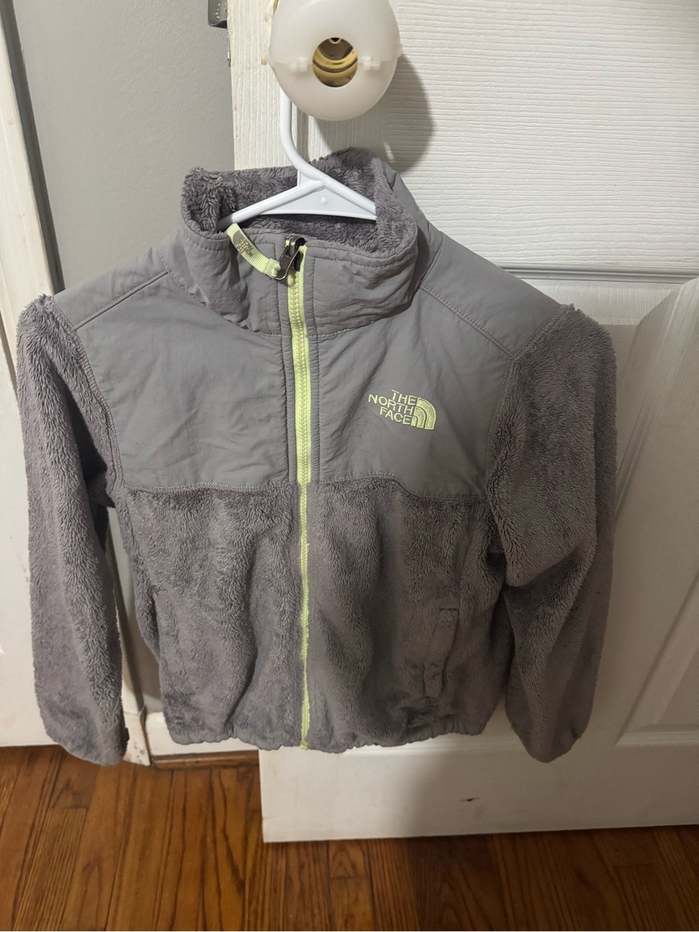 The North Face Gray Fuzzy Puffer Jacket with Pale Yellow Trim Girls